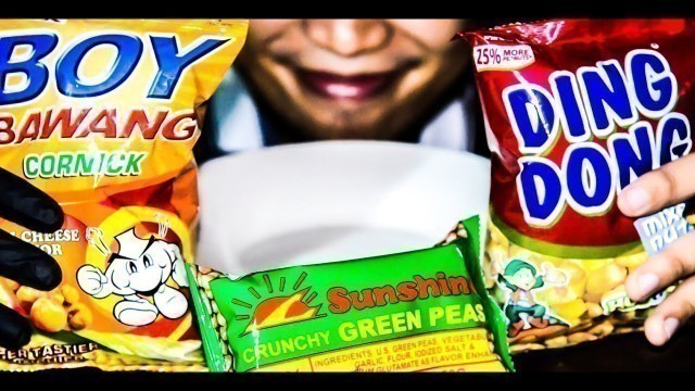 'ASMR Filipino Junk Foods \"Sunshine Crunchy Green Peas, Boy Bawang Chili Cheese, Ding Dong hot&spicy\"'