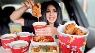 'FIRST TIME TRYING JOLLIBEE MUKBANG! Spicy Chicken Joy, Palabok, Jolly Spaghetti | Filipino Food'
