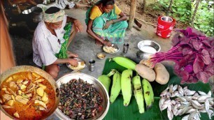 'how tribe grandma cooking&eating lal shak vaji and raw banana curry with small fish||rural village'