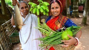 'Village style fishing and cooking | পুকুরের টাটকা রুই মাছের সাথে টাটকা কাচ কলার রেসিপি | villfood'