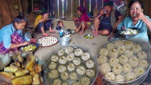 'Home made pork momo Cooking & Eating in village kitchen with family || momos recipe #villagecooking'