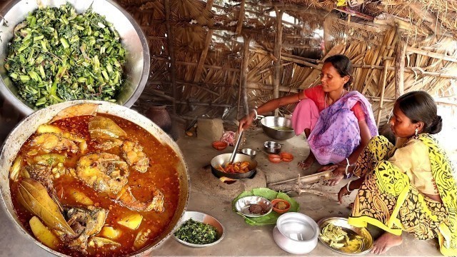 'rohu fish curry with vegetables & water spinach fry cooking by our santali tribe women||rural India'