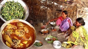'rohu fish curry with vegetables & water spinach fry cooking by our santali tribe women||rural India'