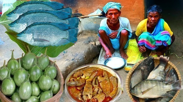 'our old grandma & grandpa cooking FISH CURRY with brinjal and eating with hot rice || dinner recipe'