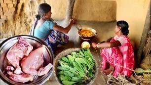 'farm fresh mulo shak vaja and chicken curry cooking for eating lunch || Indian tribe community'