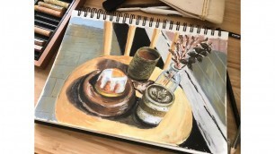 'oil pastel drawing food sketch วาดกาแฟขนมด้วยสีชอล์ก'