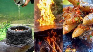 'Fun Cooking,Grilled Stone Cooking Wiled Foods,Village Foods,Lamb,Conch ,Vegetables,Octopus,Fish,'