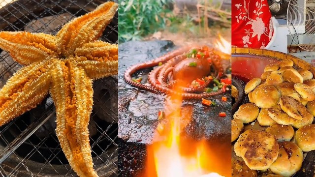 'Fun Cooking,Grilled Stone Cooking Wiled Foods,Village Foods,Starfish,Octopus,Mushroom#StoneCooking'