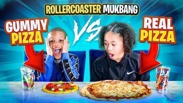 'Gummy Food Vs Real Food Pizza Challenge | Mukbang on a Roller Coaster | Sis Vs Bro Food Challenge'