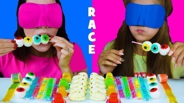'ASMR Candy Race with Closed Eyes (Gummy Eyeballs, Jelly Straws, Peeps Marshmallow)'
