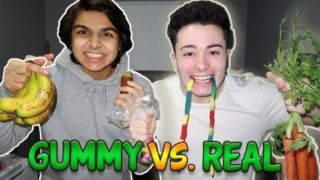 'GUMMY FOOD vs. REAL FOOD CHALLENGE!! (EATING LIVE NIGHT CRAWLERS)'