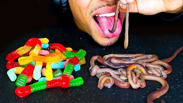'ASMR GUMMY FOOD vs. REAL FOOD EATING CHALLENGE BEST GROSS REAL LIVE WORMS SOUR CANDY NO TALKING'