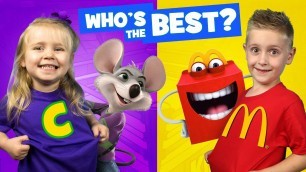 'Chuck E Cheese vs McDonald\'s KIDS React Battle & Family Fun Review by KIDCITY'