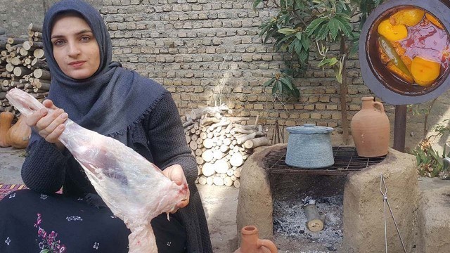 'The best Iranian Abgoosht (broth) with mutton and animal fat in a rural house'