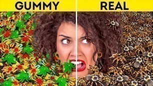 'GUMMY FOOD VS REAL FOOD CHALLENGE! Last To STOP Eating Wins! Taste Test by 123 GO! LIVE'